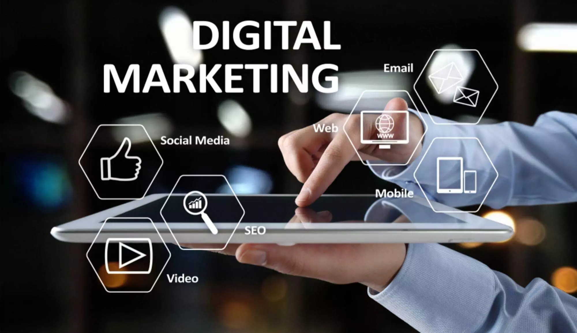 Digital Marketing and related services such as Social Media, Video, Web, Mobile, Email, and SEO are displayed floating over a white Tab